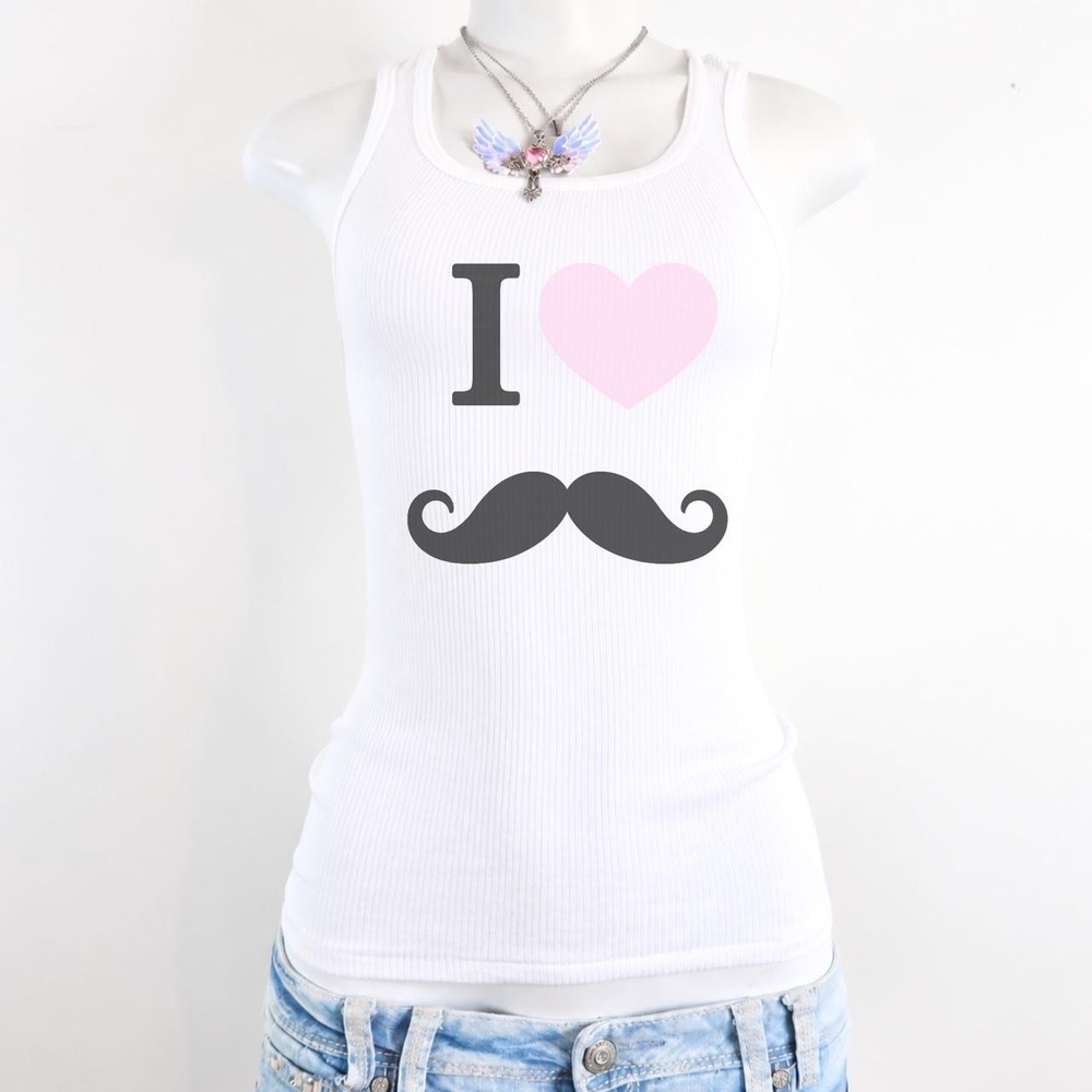 i love moustache y2k white ribbed tank top